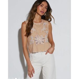 NWT VICI Lennon Eyelet Linen Blend Embroidered Sleeveless Blouse Tan XL